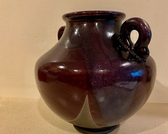 Tony Evans Raku Pottery Purple Double Handle Urn Vase 8.5"H 9"W Signed and Numbered