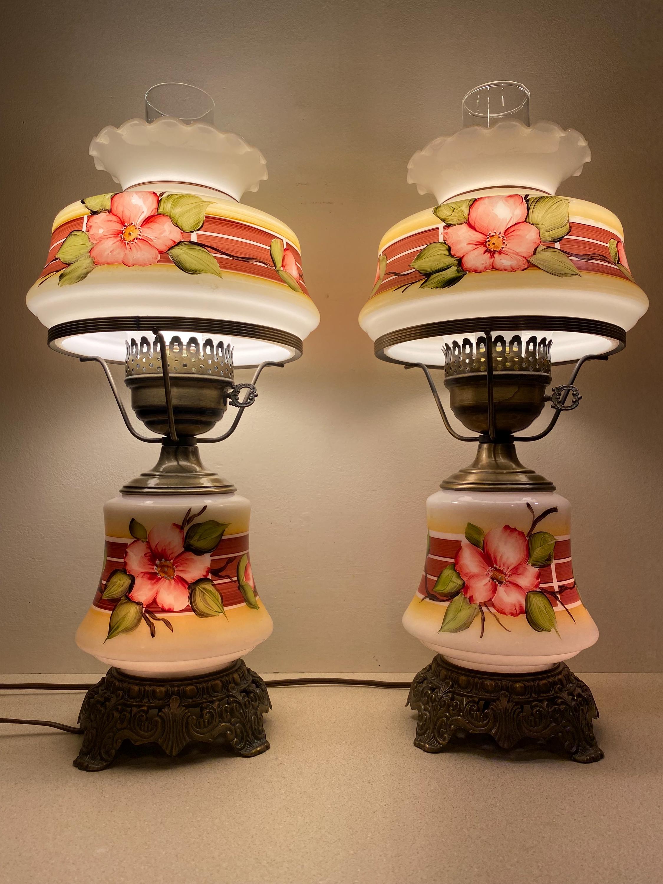 Pair of Vintage Quoizel Desert Rose Small 3 Way Hurricane Lamps