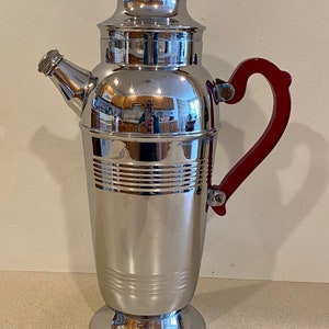 Cocktail Shaker Art Deco Chrome with Translucent Red Handle and Knob 12&quot;