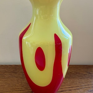 Modern Art Glass Handcrafted Cased Glass Red and Yellow Vase 11.75”