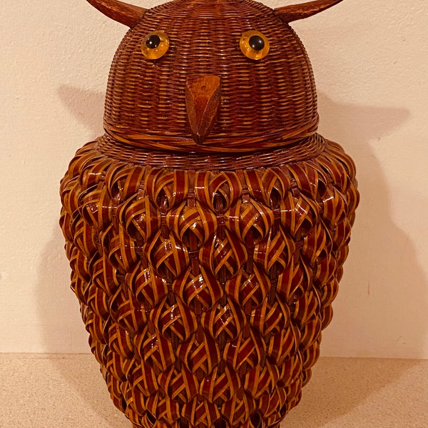 Vintage Wicker Owl Ginger Jar with Ceramic Interior 8" 1970s