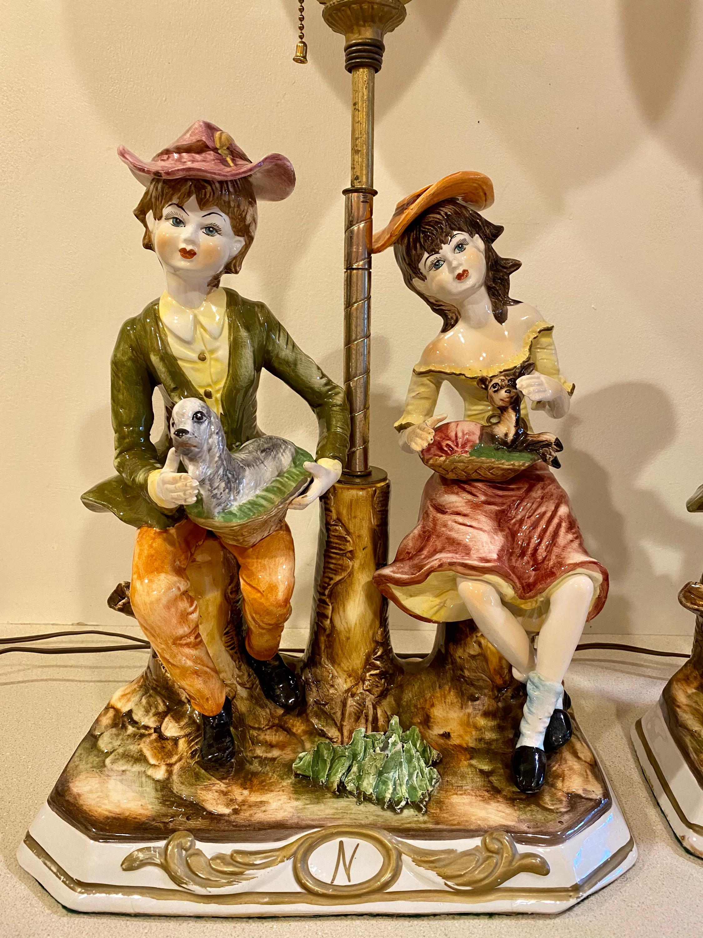 Pair of Vintage Capodimonte Porcelain Brass and Glass Globe Lamp