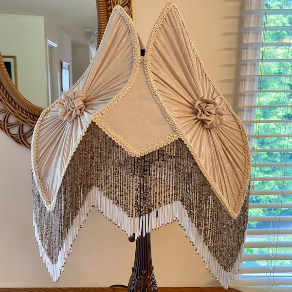 Victorian Lamp Shade – Jacquard Fabric with Beaded Fringe – 20"H × 18"W