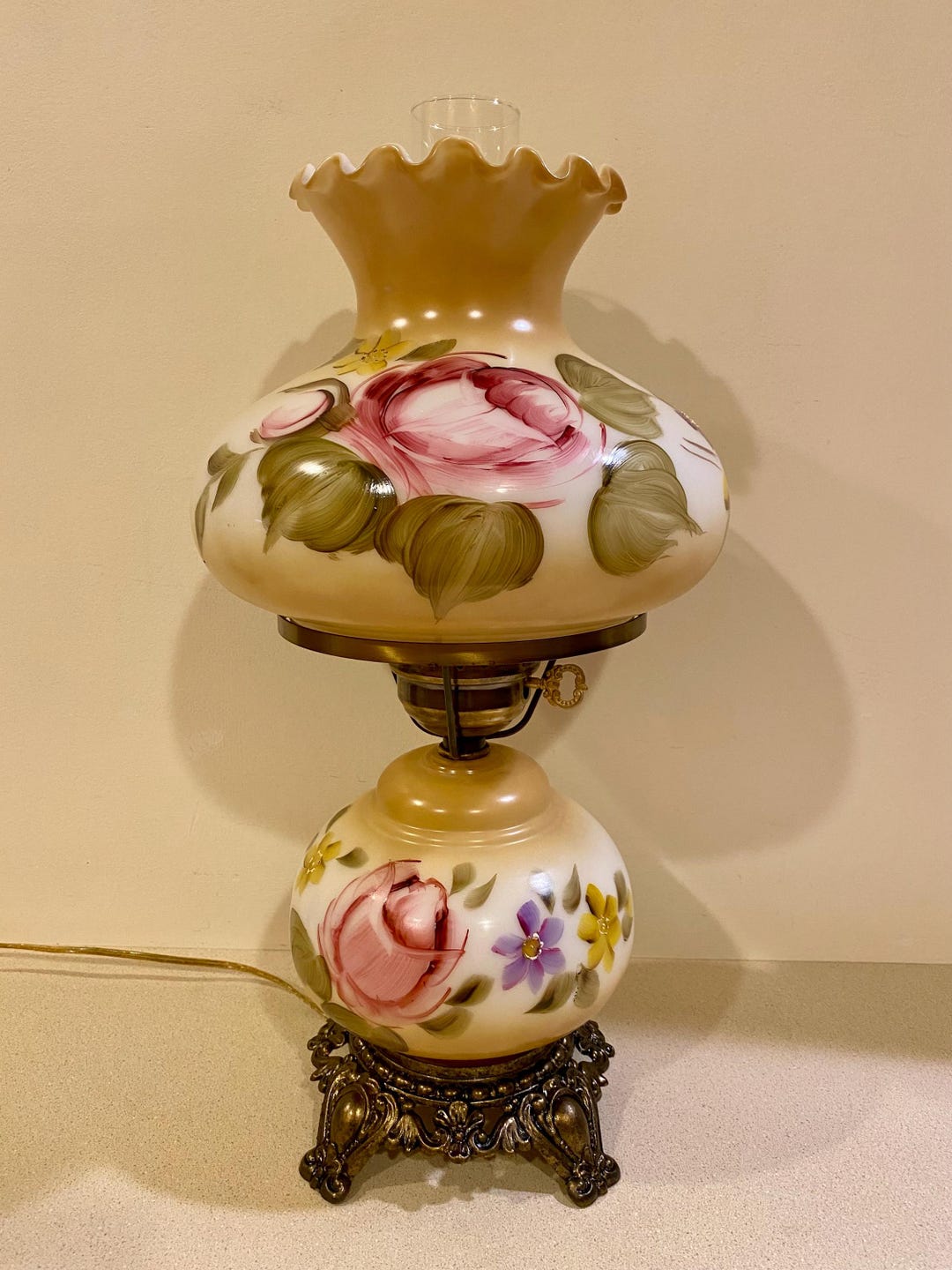 Vintage Accurate Casting GWTW 3 Way Hurricane Hand Painted Floral