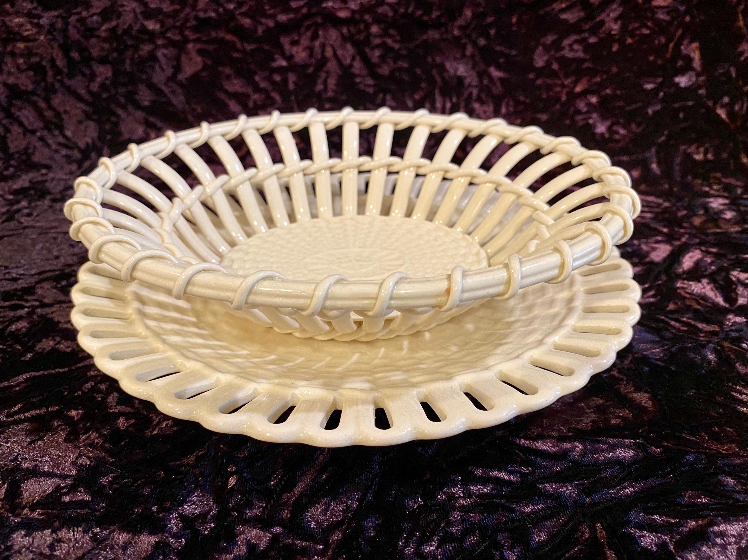 Antique Early 1800s Wedgwood Creamware Oval Basket & Tray Set