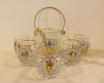 Vintage Glass Ice Bucket with a Tong and 5 Glasses Horses Horseback Riding Nature... Italy