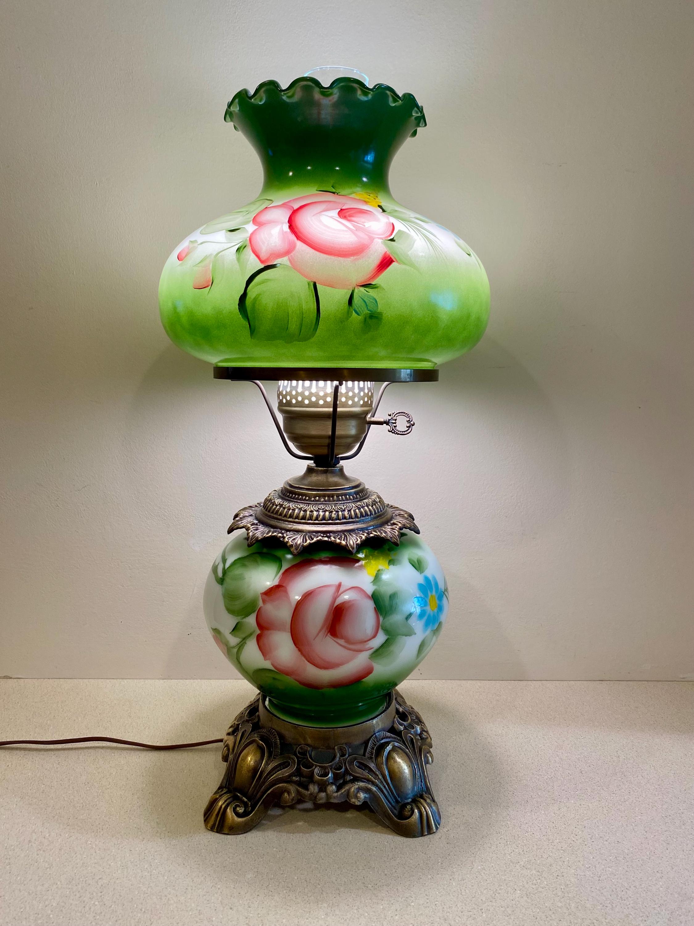 Victorian Hurricane Lamp: Hand-painted Green Floral Milk Glass