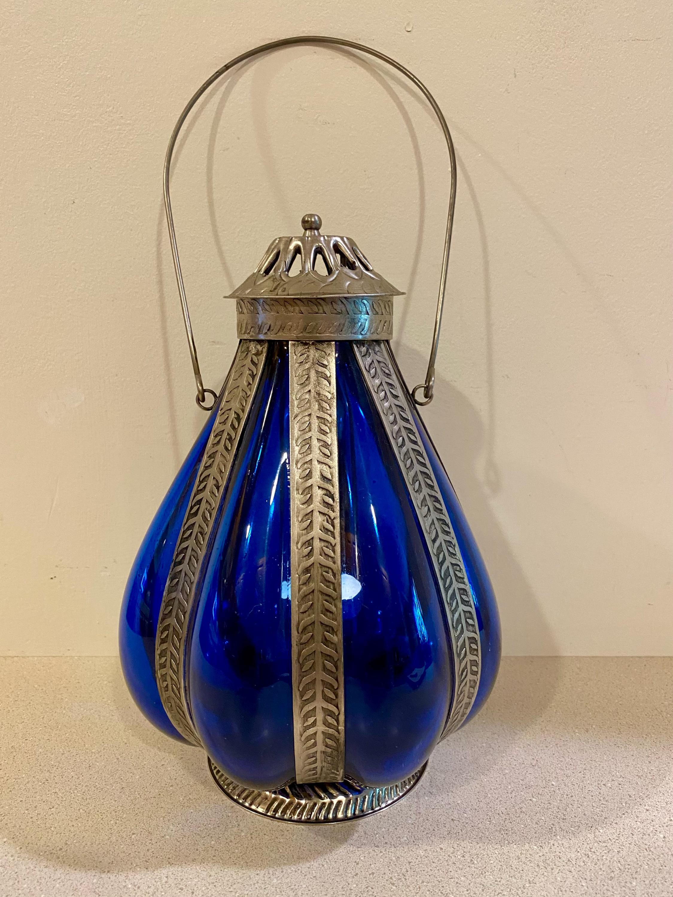 Vintage Moroccan Caged Glass Hanging Lantern – Cobalt Blue