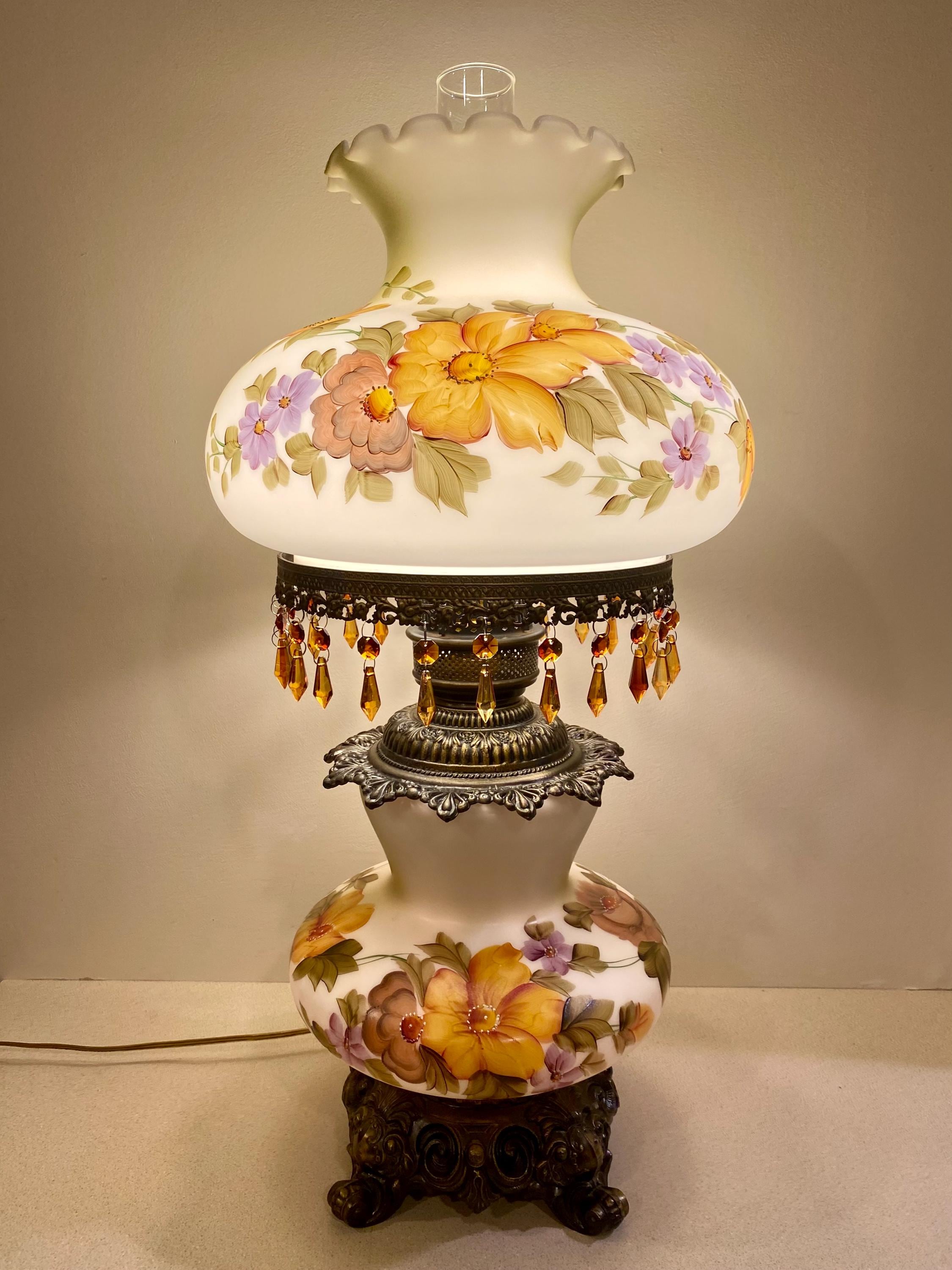 Vintage 27" GWTW 3-Way Hurricane Lamp – Hand-Painted Floral Glass with Amber Teardrops (29" with Chimney)