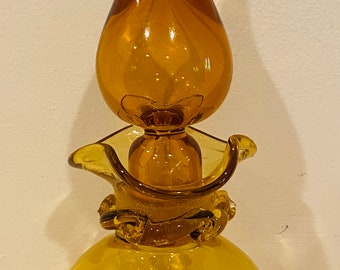 Vintage Empoli Amber Art Glass Rainbow Glass HandCrafted Decanter Ruffled Neck and TearDrop Stopper 12"