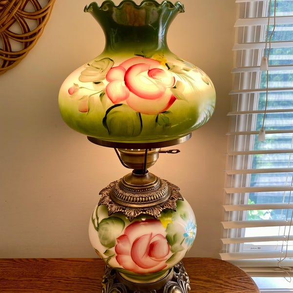 Victorian Hurricane Lamp: Hand-Painted Green Floral Milk Glass, Brass Base