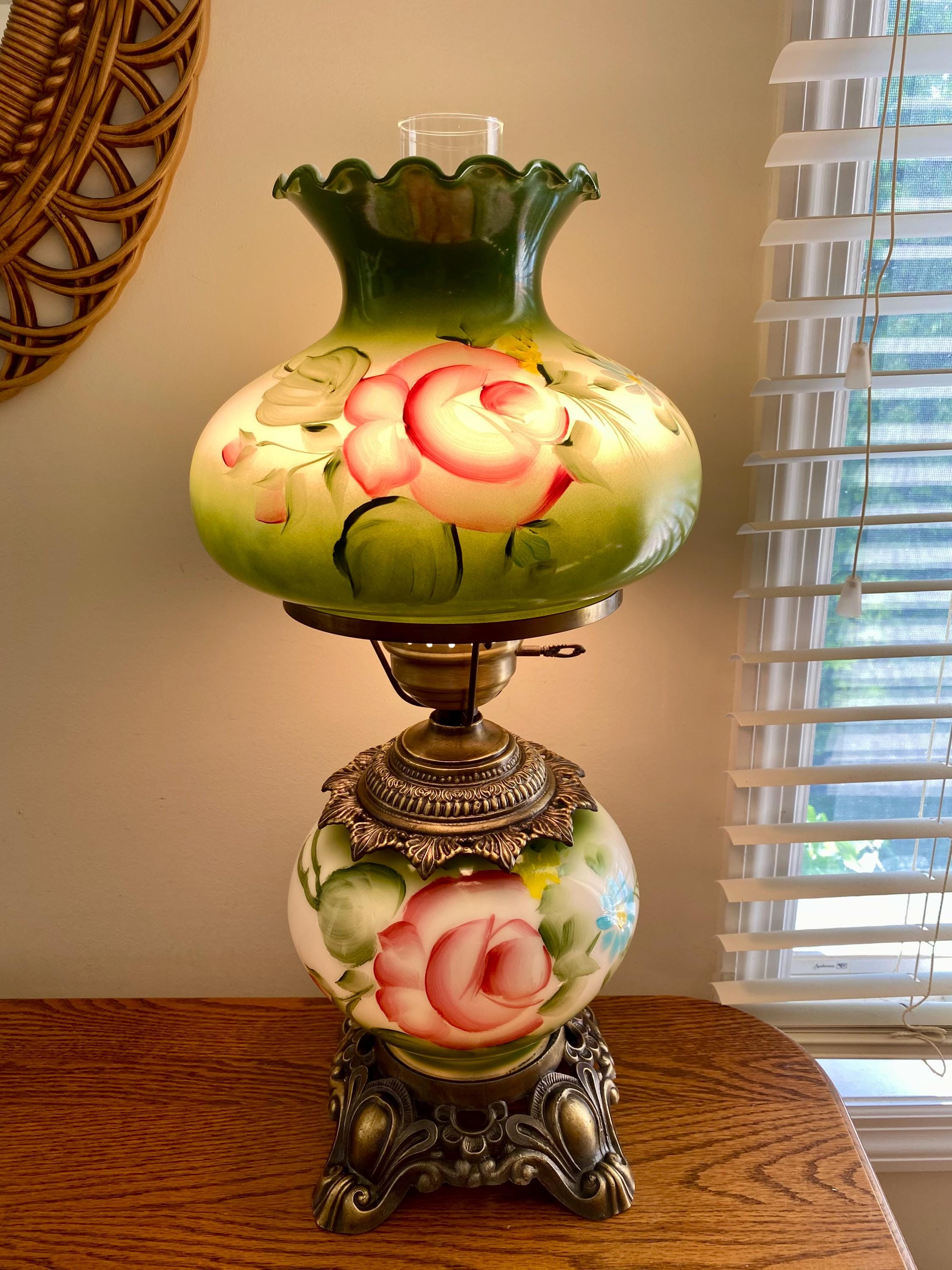 Victorian Hurricane Lamp: Hand-painted Green Floral Milk Glass