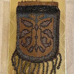 Antique French Art Deco Steel Cut Copper Metal Beaded Reticule Evening Purse