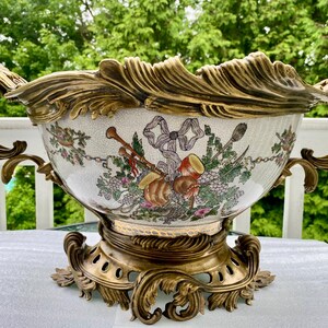 Monumental Vintage Hollywood Regency Solid Brass & Chinese Crackle Porcelain Centerpiece Bowl | Rococo Revival Cachepot | 25"