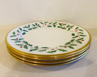 4 Lenox Holiday Holly Berry Dimensions Dinner Plates 10.7”