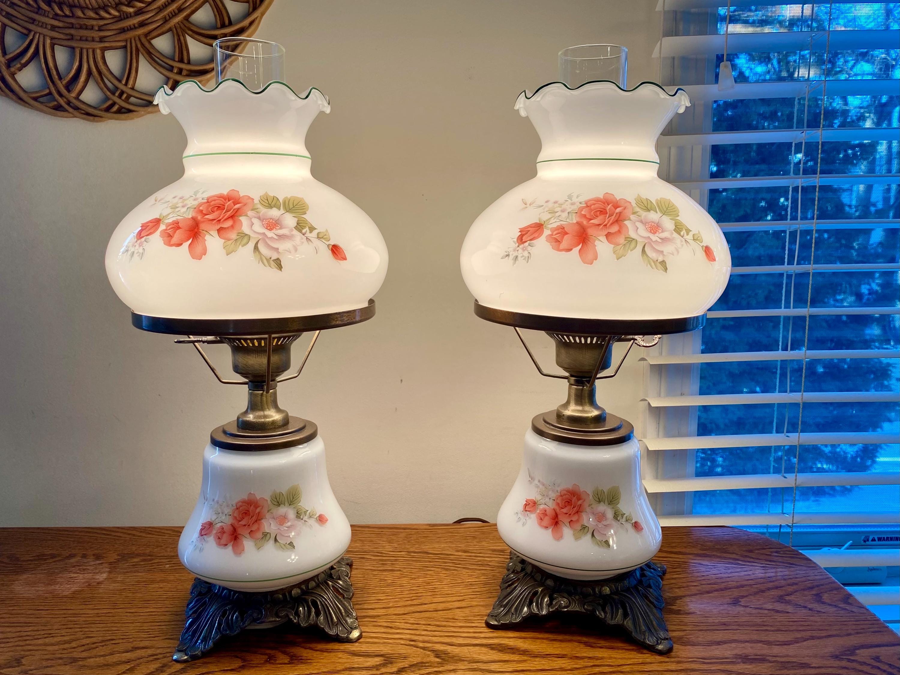 Pair of Vintage Small 3 Way Hurricane Lamps Pink Roses 1960s 17.5