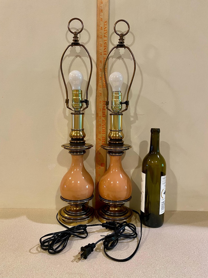 Pair of Vintage Stiffel Brass and Pink Enamel Ginger Jar Shape Lamps 24