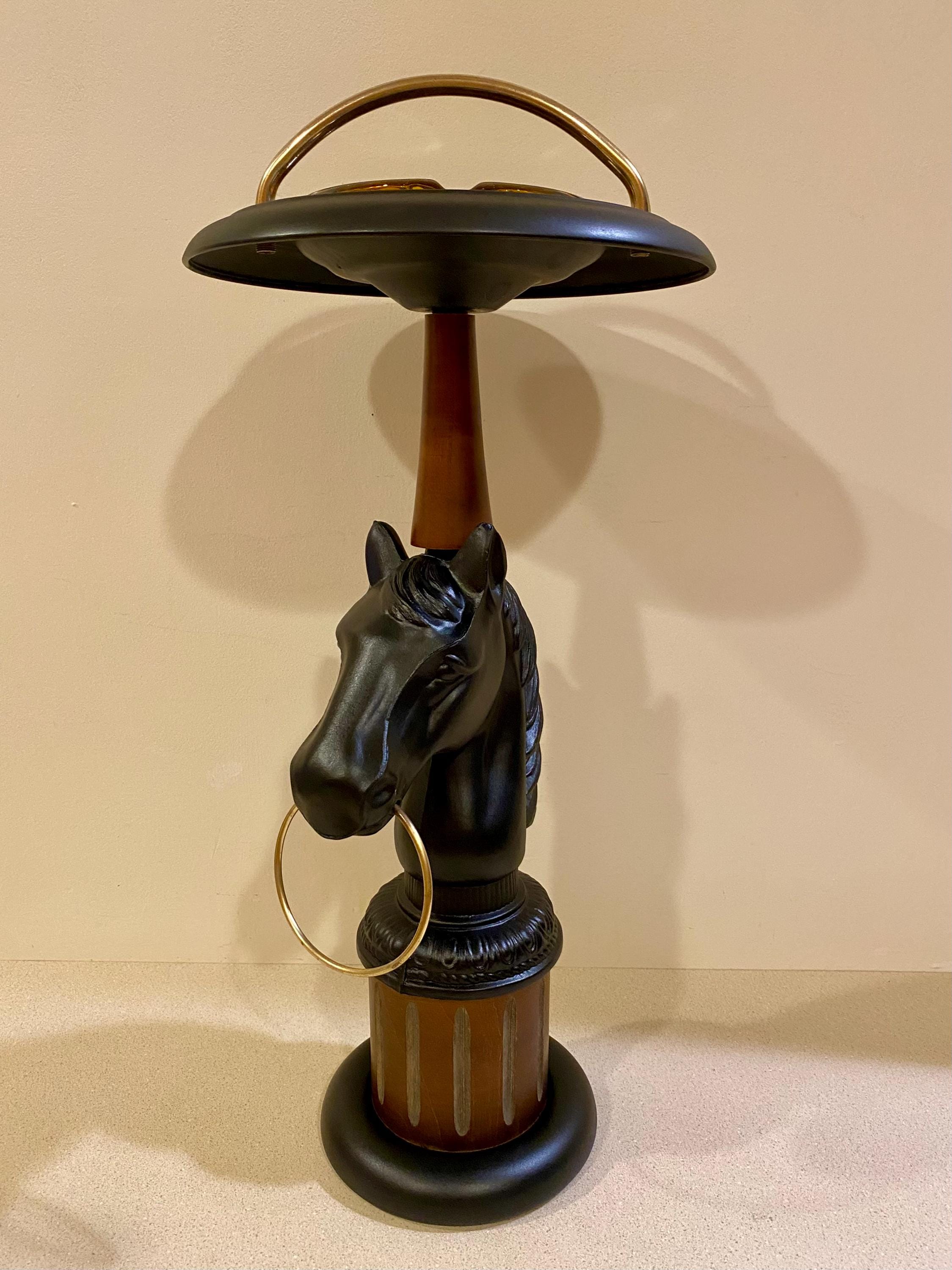 Vintage Horse Bust Standing Ashtray – Cast Aluminum, Brass, Wood
