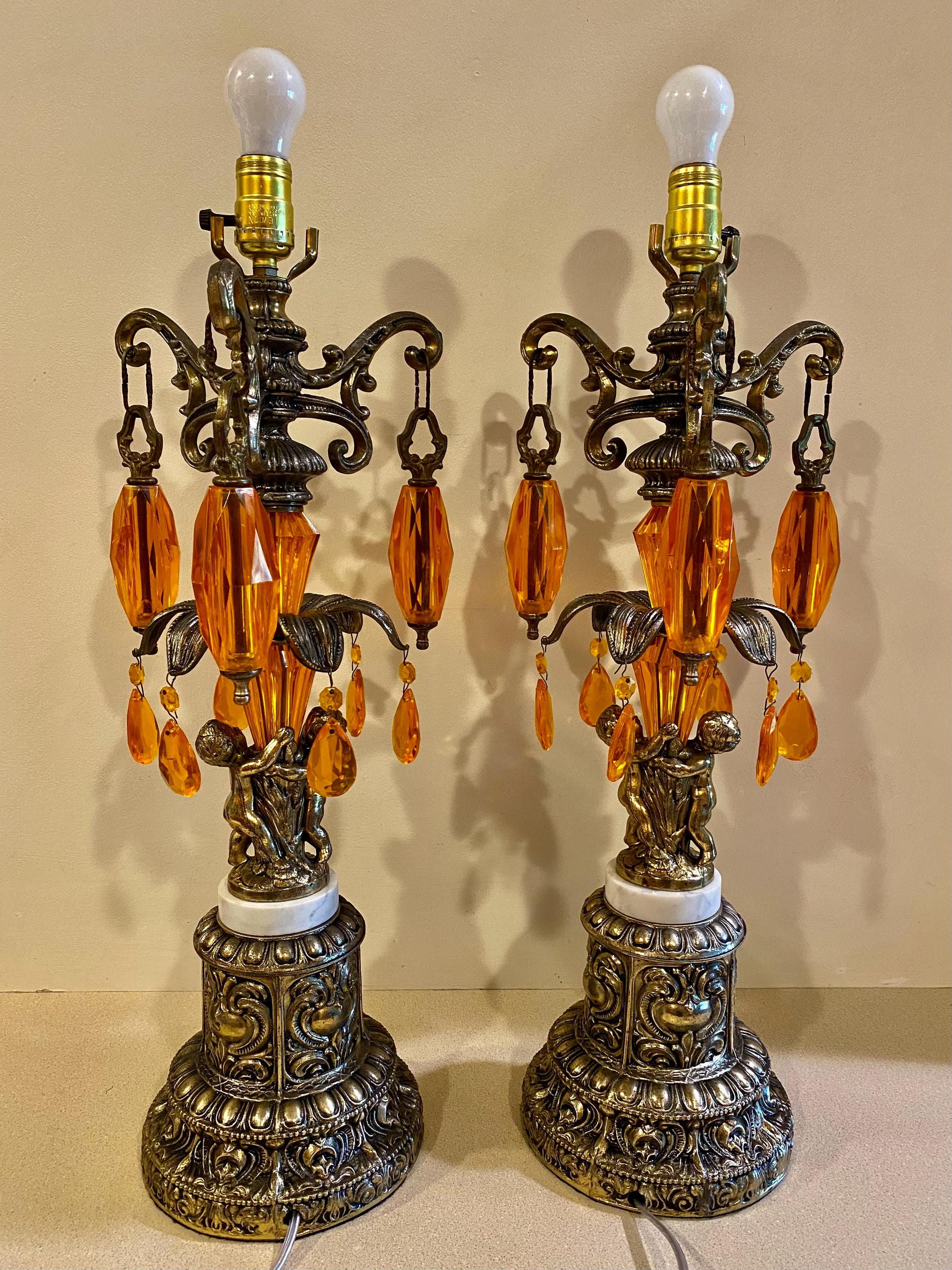 1960s Loevsky & Loevsky Cherub Lamps: Amber Lucite, Brass, Marble