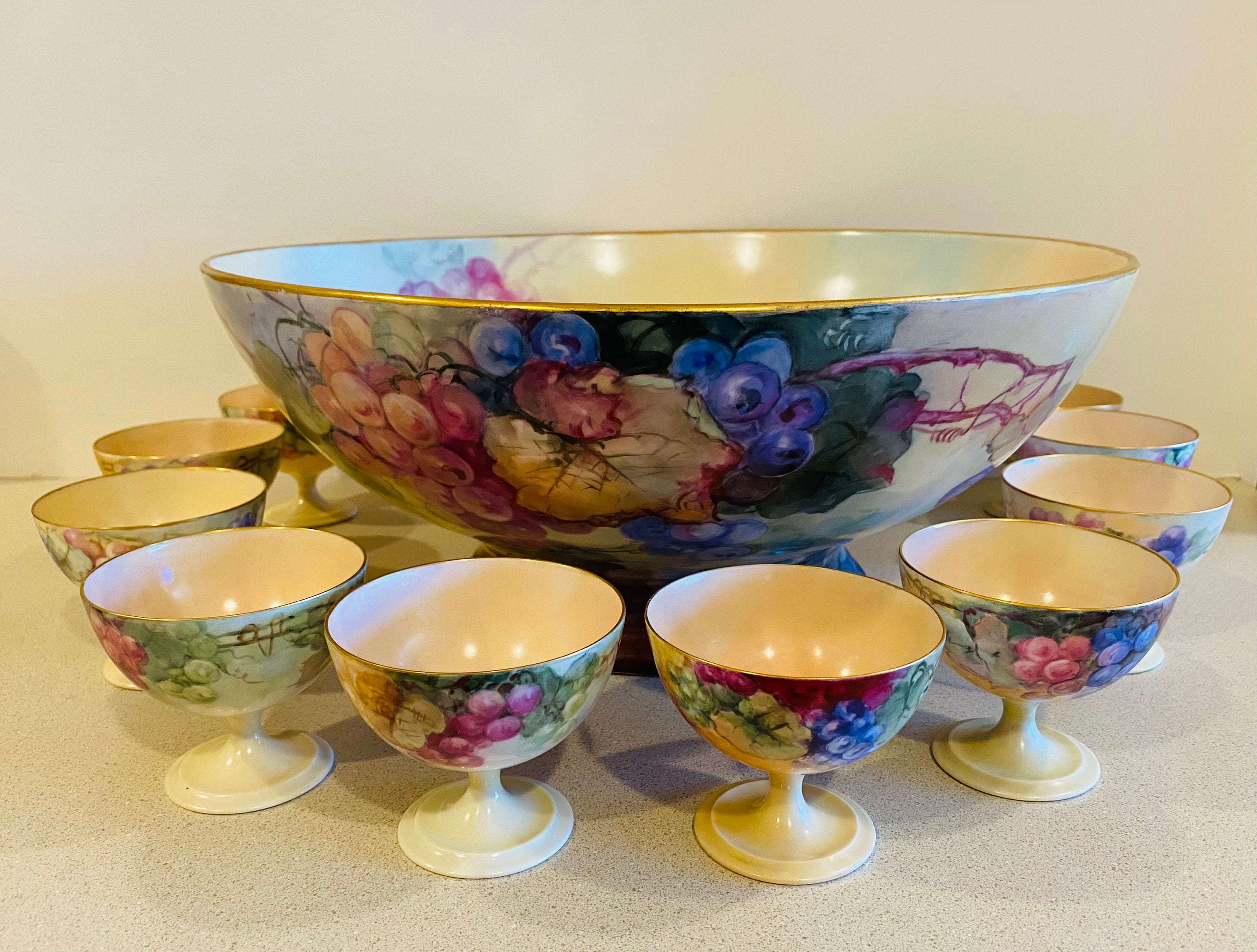 Antique Late 1800s T&V Limoges France 16” Punch Bowl With 10 Cups