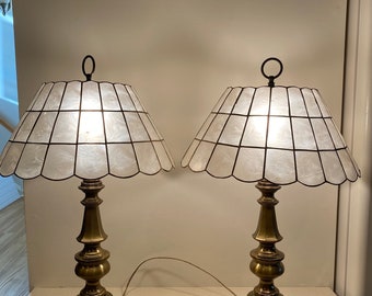 Pair of Vintage Capiz Shell & Brass Table Lamps 26"H 16"W