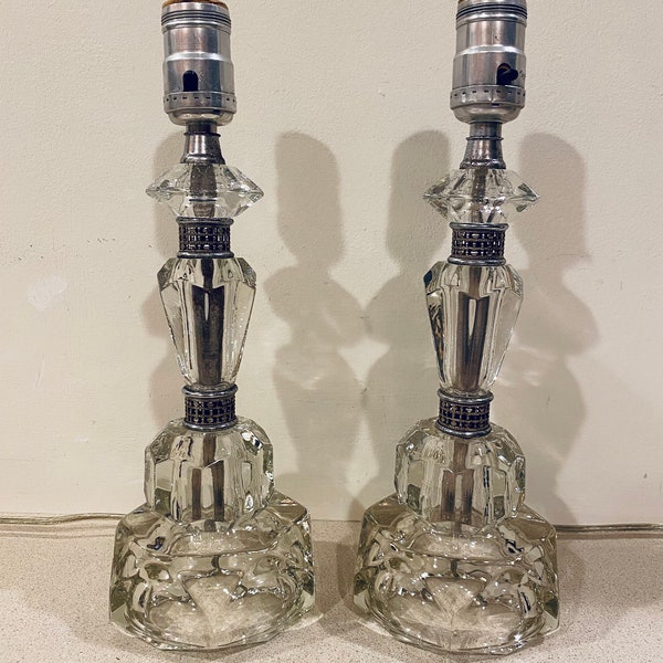 Pair of Vintage Cut Glass Accent Table Lamps 12"H without Shades