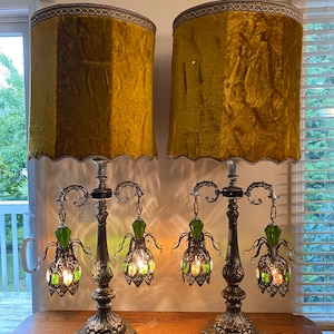 Pair of Loevski Style Green Lucite and Brass Hollywood Regency Lamps 45&quot; Tall