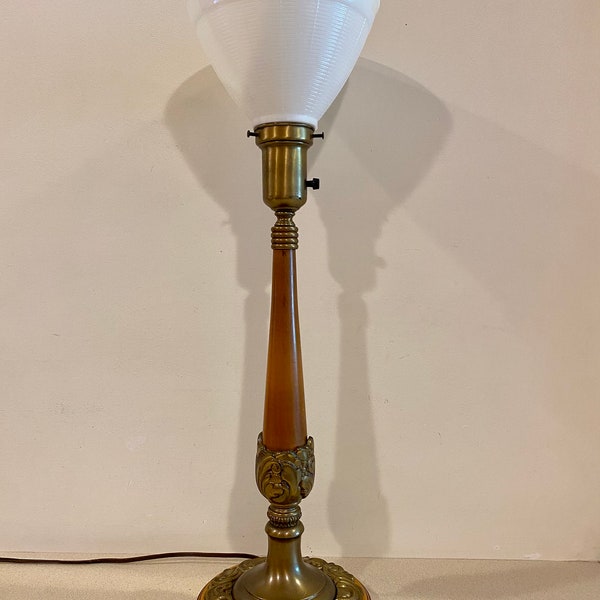 Vintage Torchiere Cherry Wood and Brass Table Lamp Milk Glass Shade 26.5"H 8"W