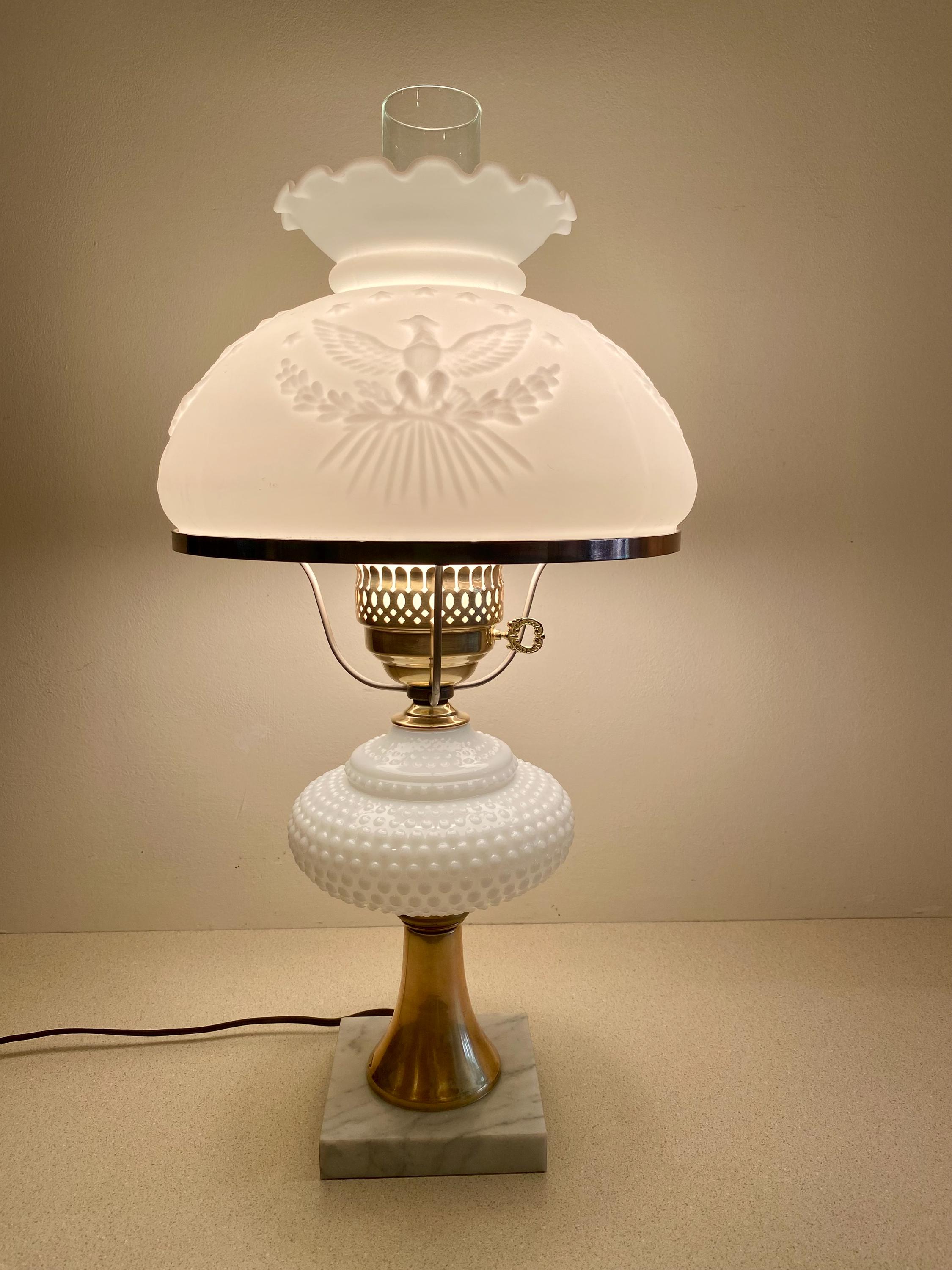 Vintage Milk Glass & Brass Hurricane Lamp – Marble Base – Bald
