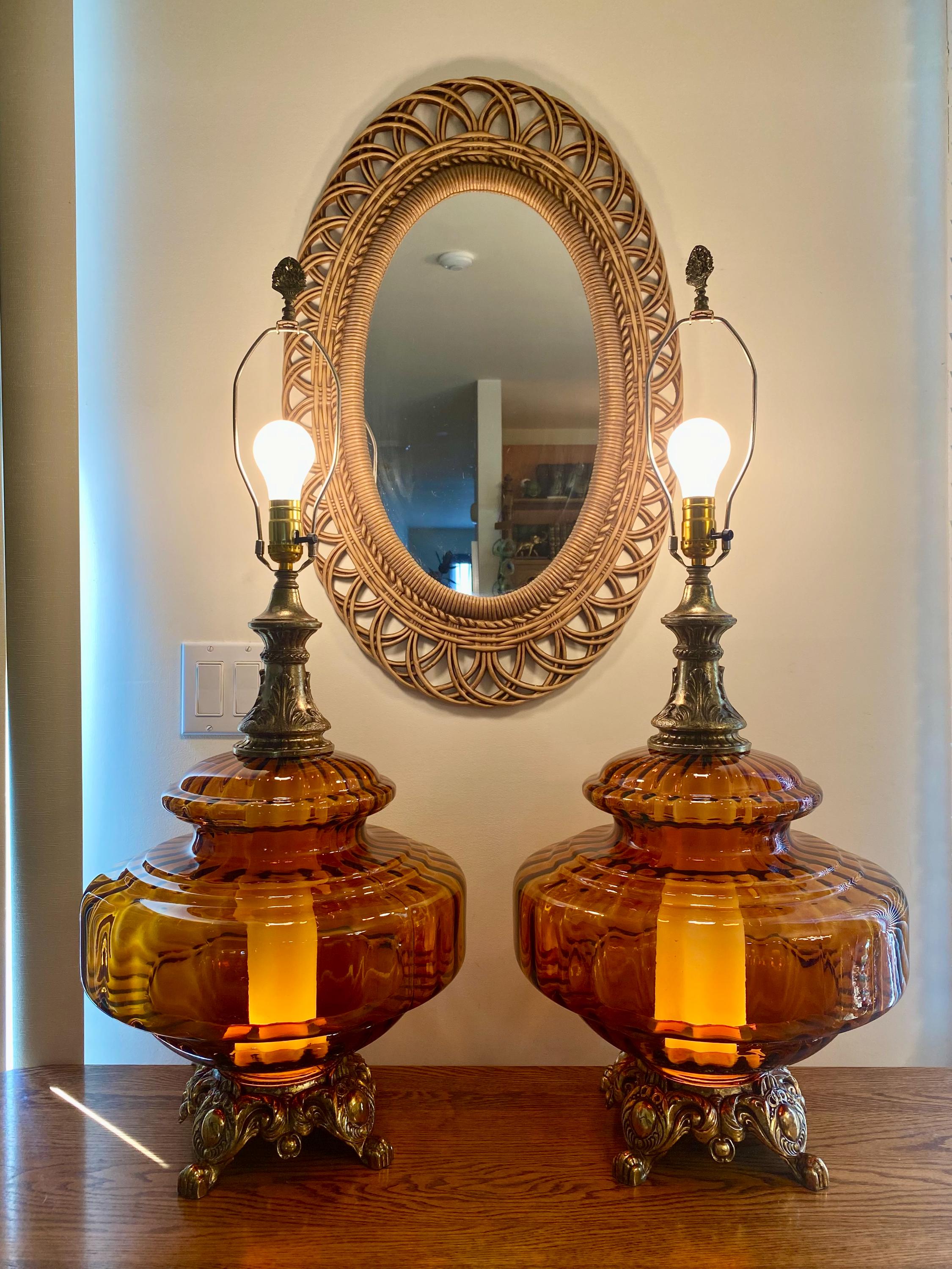 PAIR of Vintage Amber Glass Hollywood Regency Lamps - 1972 EF & EF