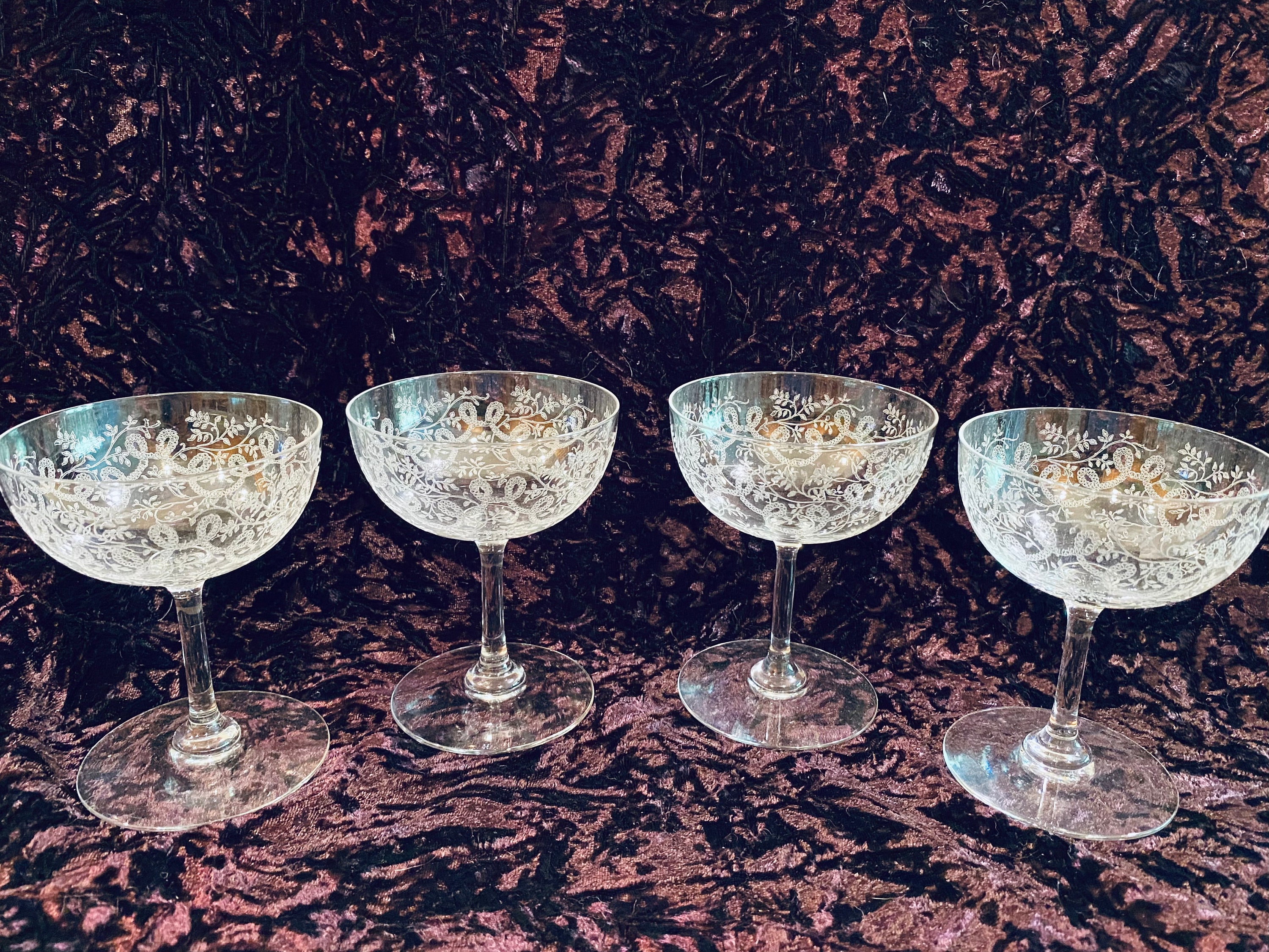 Art Nouveau (baccarat?) Crystal Engraved Champagne Coupes 4 3/8
