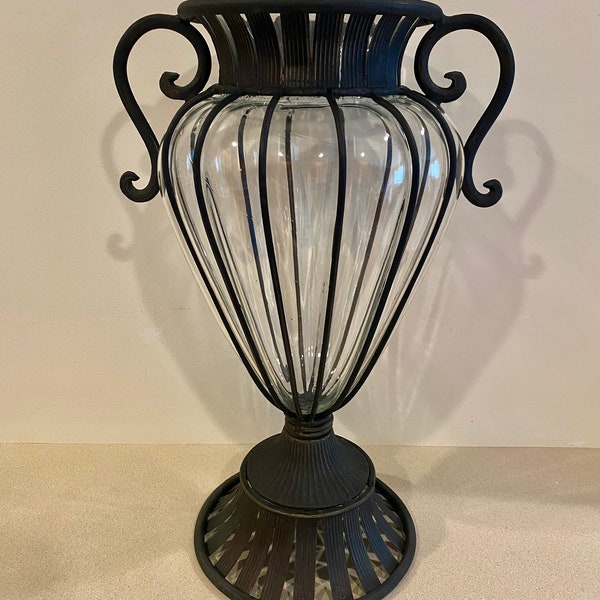 Vintage Hand Blown Caged Glass Large Footed Vase with Handles Wrought Iron 19.5" Tall 12.5" Wide Base is 9"