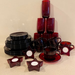 Vintage Arcoroc France Ruby Red Glass China Set for 6 People by J. G. Durand 40 pieces Great for Christmas
