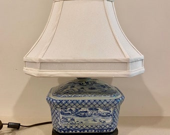 Vintage Canton Tea Candy Porcelain Box Table Lamp 17.5&quot;H 11&#39;L 9.5&quot;W Chinoiserie Blue and White