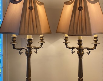 Vintage Brass Four-Branch Candelabra Table Lamps Pair, 38" Tall, 4-Light, Hollywood Regency, French Regency, Neoclassical, Buffet Lamps