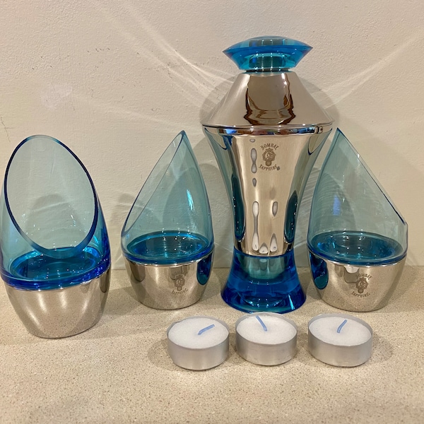 Bombay Sapphire Cocktail Shaker and 3 Votives by Signed Harry Gutfreund 2001