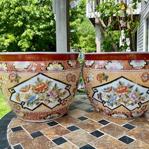 Vintage Asian Porcelain Planters Fishbowl Hand-Painted Floral Imari/Famille Rose Style  9.5&quot;H 12.25&quot;W and 11.75&quot;W Price is for One