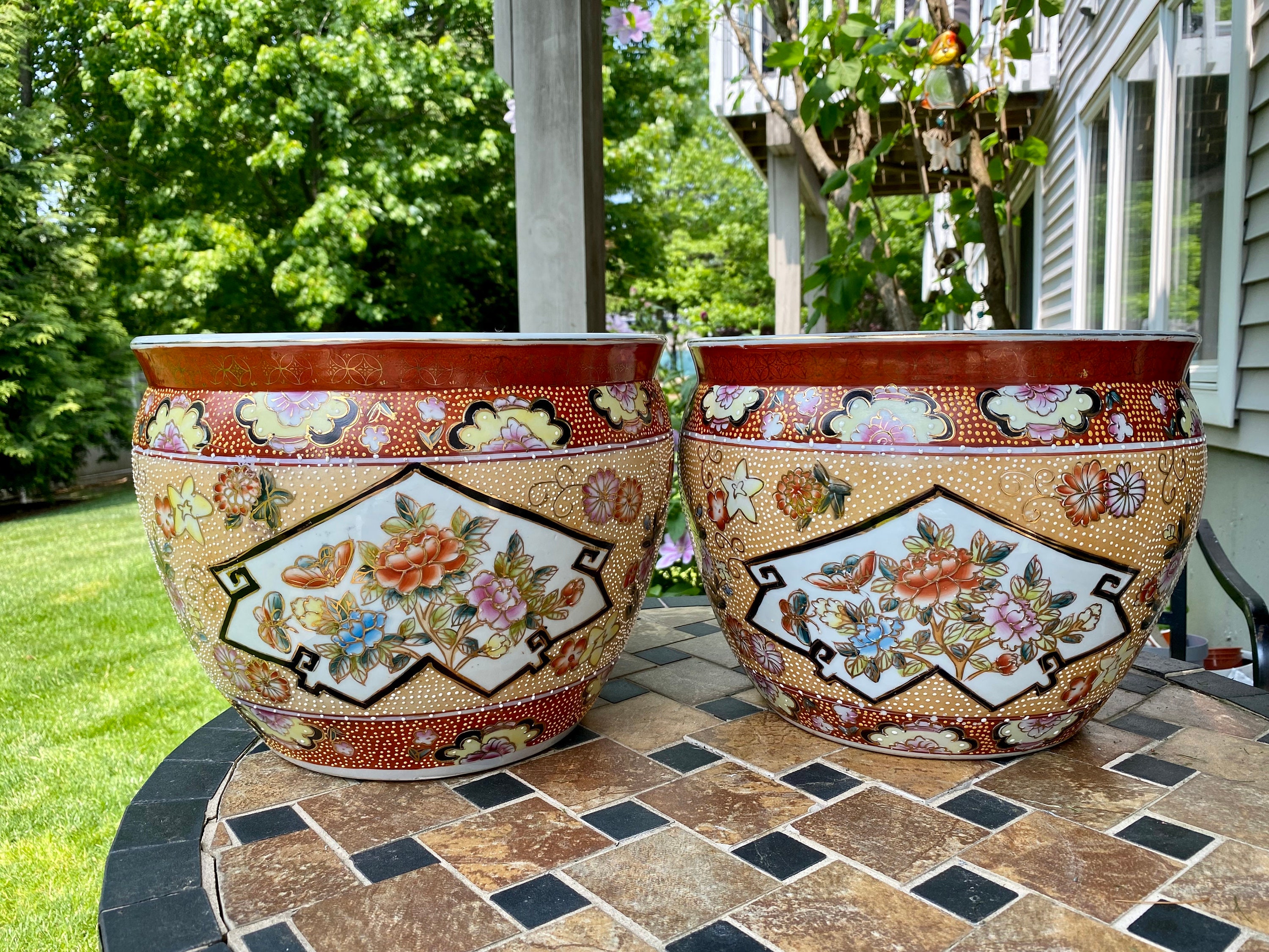 Pair of Vintage Asian Porcelain Planters Fishbowl Hand-painted Floral ...