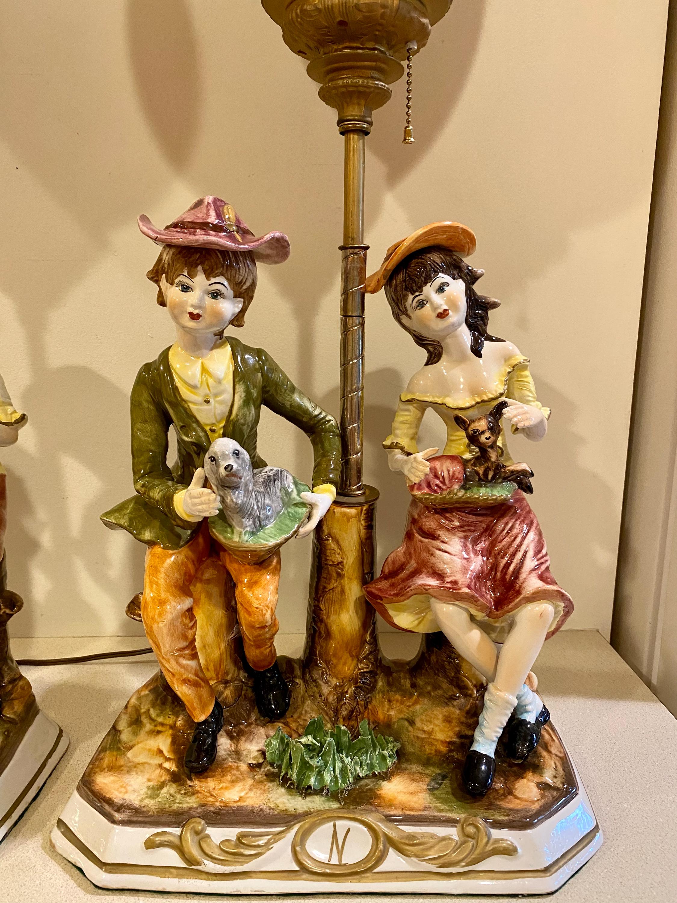 Pair of Vintage Capodimonte Porcelain Brass and Glass Globe Lamp