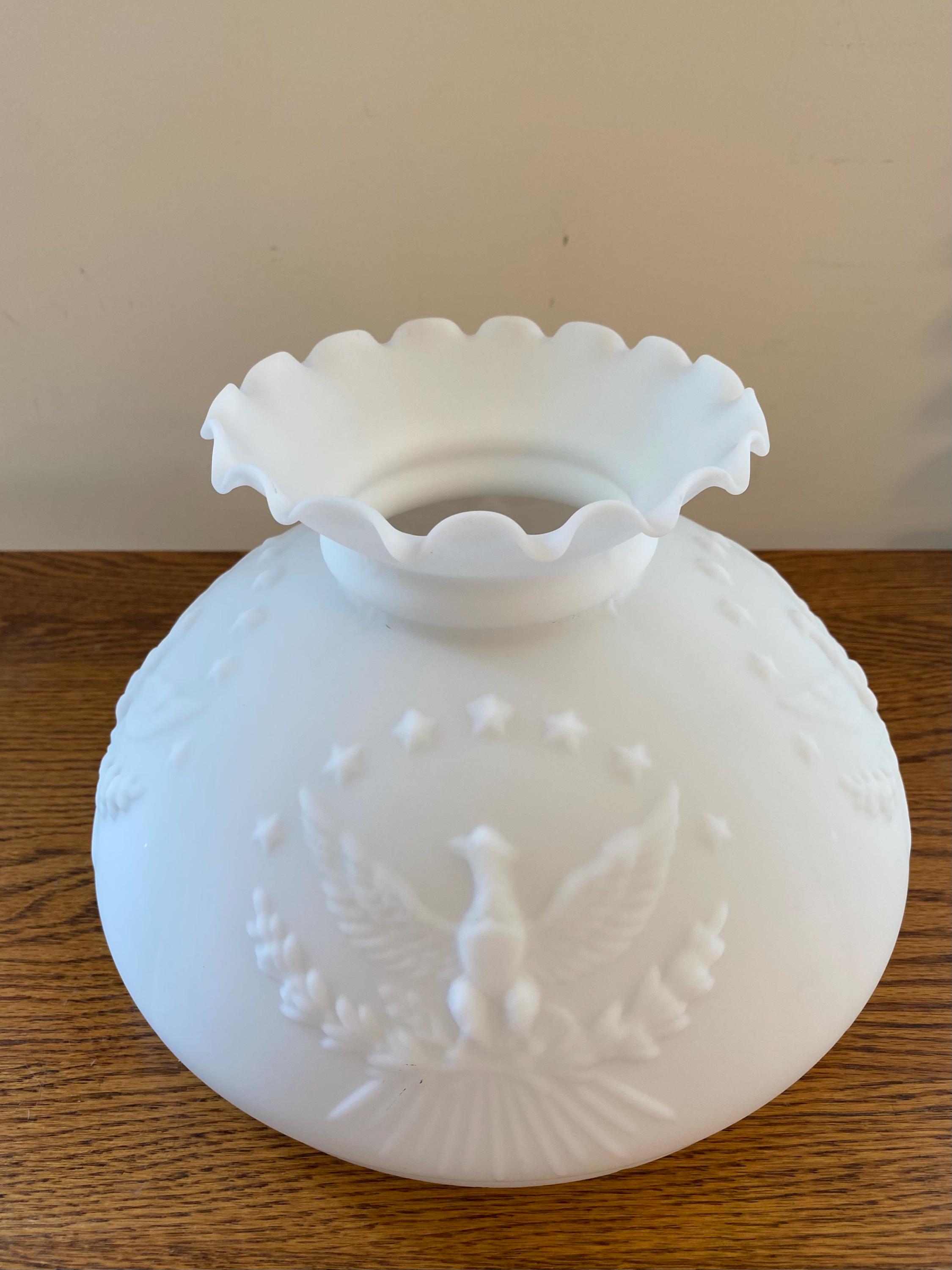 Frosted White Glass American Federal Eagle Hurricane Oil Lamp Shade 6.75"H 10.75"W 10" Fitter