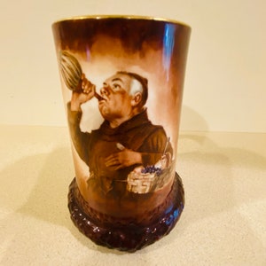 Antique late 1800s Lenox Belleek Tankard mug hand painted “Drinking Monk” 5.5”