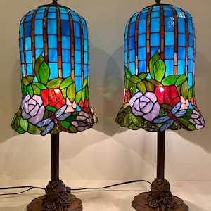 Pair of Vintage Tiffany-Style Dragonfly & Roses Table Lamps – 26.5&quot; H