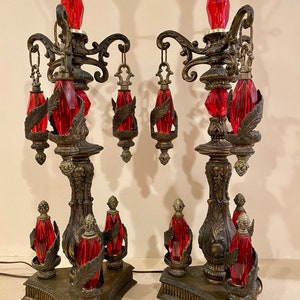 Pair of Loevsky  Loevsky MCM Ruby Red Lucite & Brass Lamps  Hollywood Regency  Bay Laurel Danglings  38.5” Tall