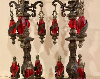 Pair of Loevsky  Loevsky MCM Ruby Red Lucite & Brass Lamps  Hollywood Regency  Bay Laurel Danglings  38.5” Tall