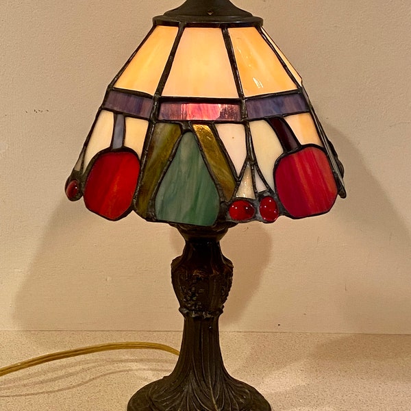 Vintage Tiffany Style Stained Glass Fruit Table Lamp 12"H 7.25"W