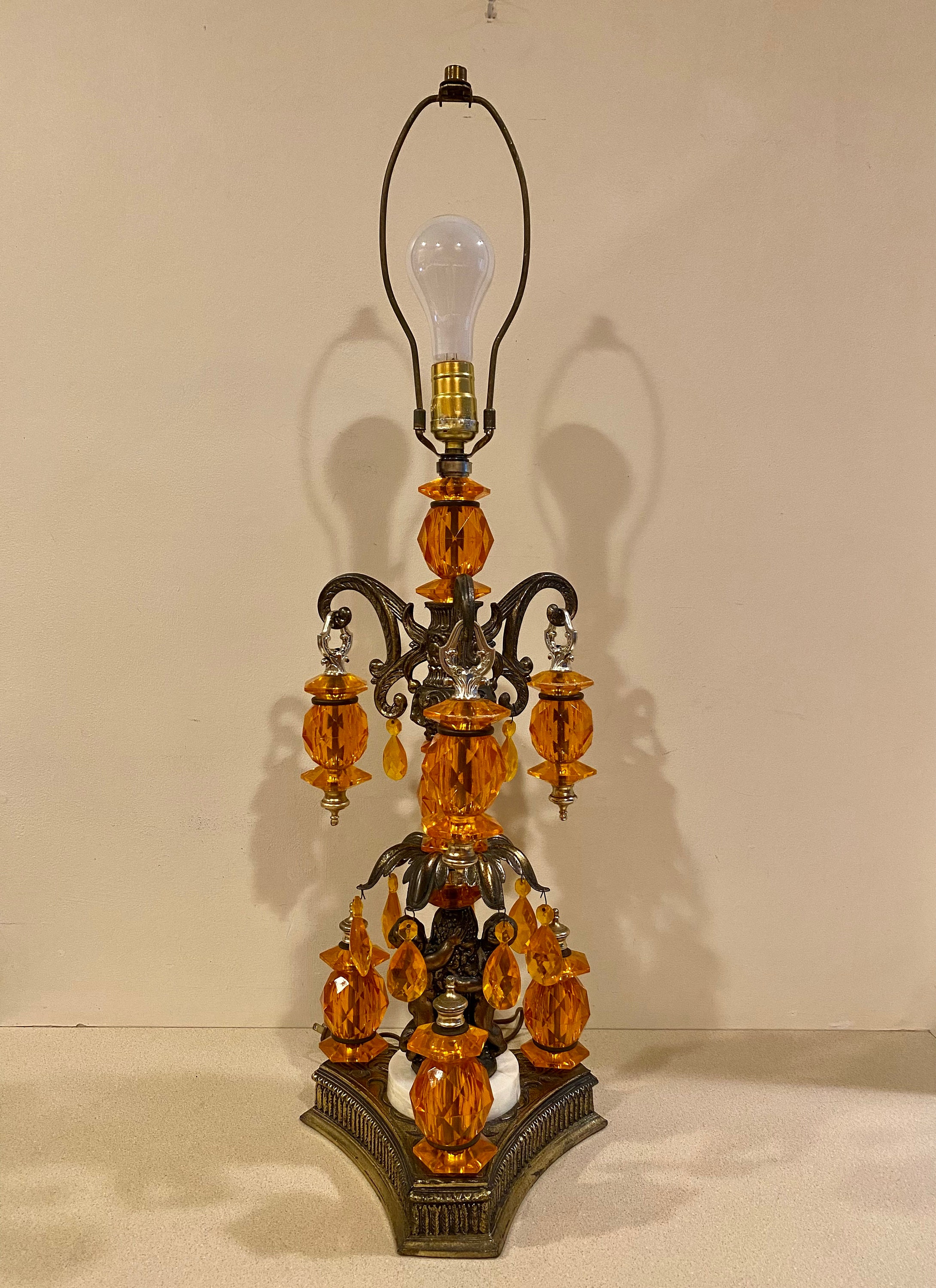 Loevsky Amber Lucite and Brass Hollywood Regency Lamp With