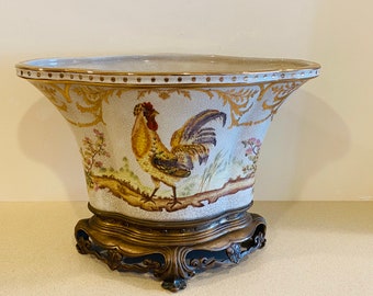 Vintage Hand-Painted Porcelain Rooster Bowl – Castilian Brass Stand