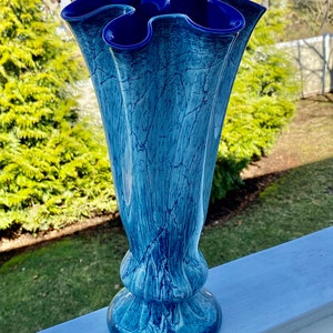 Large Krosno Josephina Art Glass Handkerchief Cased Glass Vase Cobalt Blue Interior and Light Lacy Blue Exterior 14.5” Tall