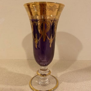 S. C. Line Italy Amethyst Gold Encrusted Crystal Goblet 7.5&quot; Tall 24K Gold