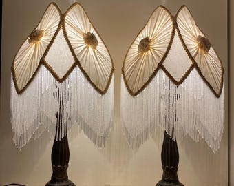 Pair Vintage Victorian Art Nouveau Table Lamps | Custom Jacquard Fabric with Beaded Fringe  Floral Cast Metal Bases 26"H